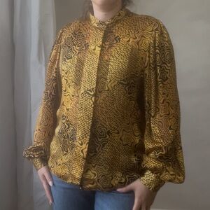 Vintage 80s gold and black graphic print blouse size medium